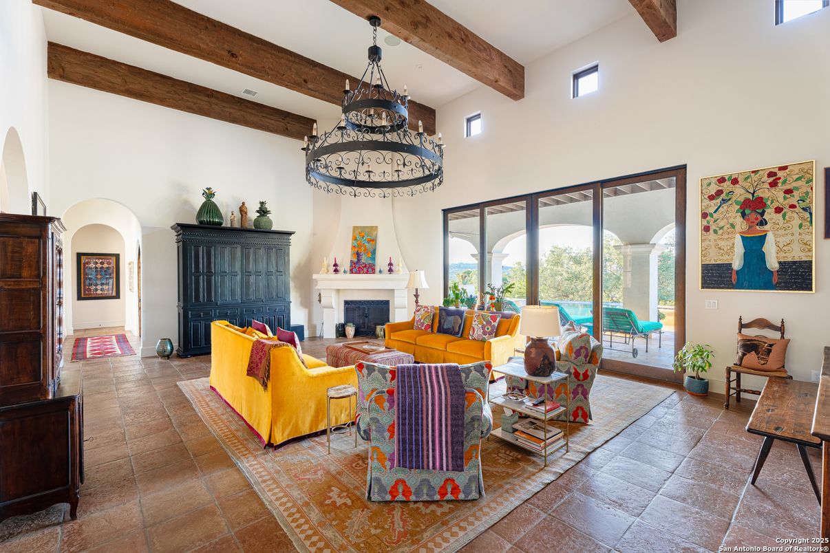 Chandelier, Fireplace, Interior, Living room, Recessed Lighting, Wooden Beams