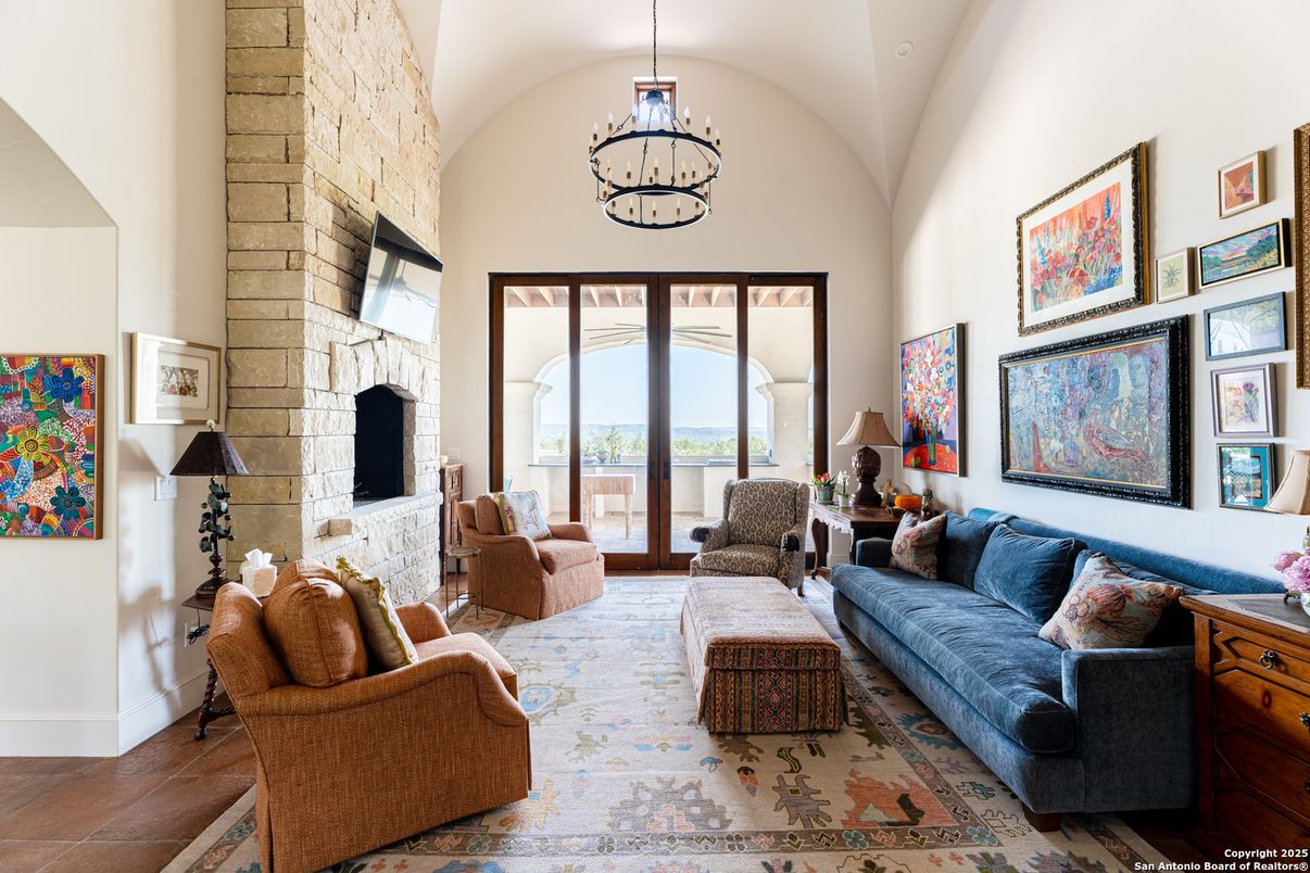 Chandelier, Fireplace, Interior, Living room, Pendant Lights, Stone Walls