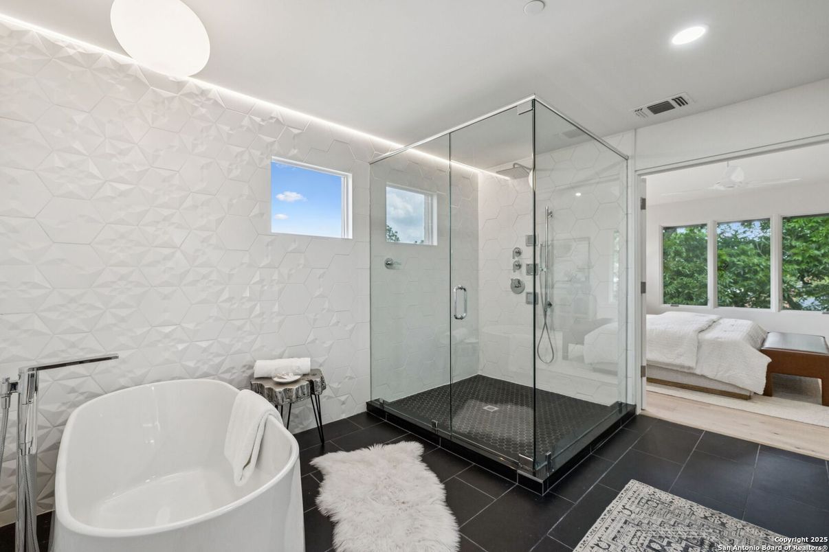 Bathroom, Free Standing Baths, Glass Shower, Interior, Recessed Lighting