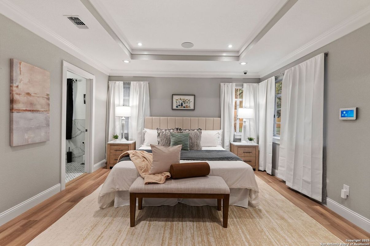 Bedroom, Interior, Recessed Lighting, Wood Texture Flooring