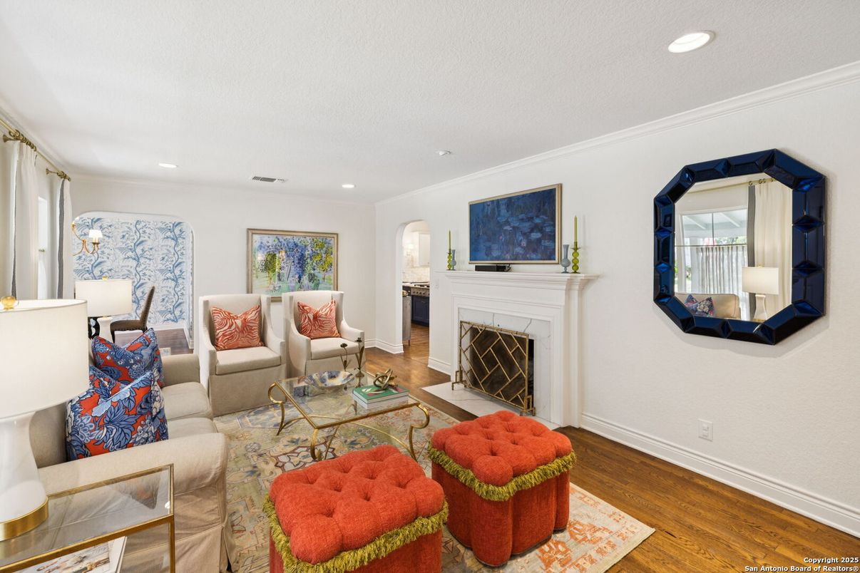 Fireplace, Interior, Living room, Recessed Lighting, Wood Texture Flooring