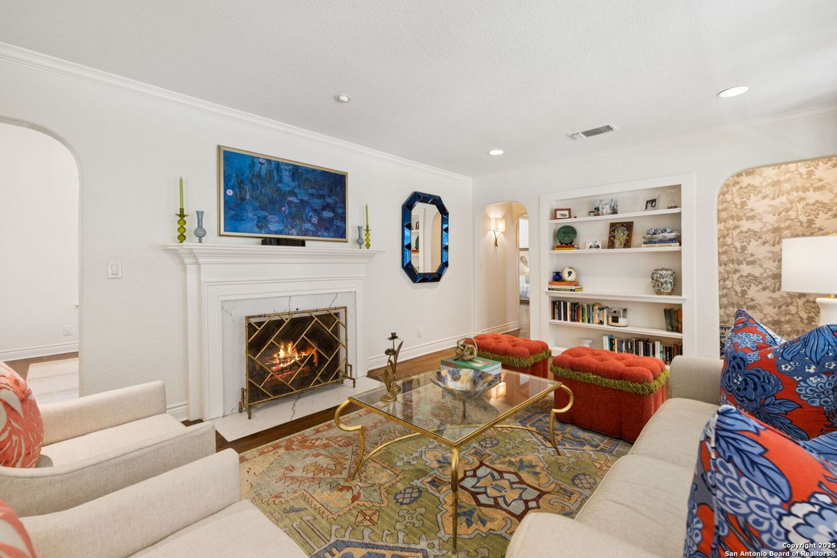 Fireplace, Interior, Living room, Recessed Lighting, Wood Texture Flooring