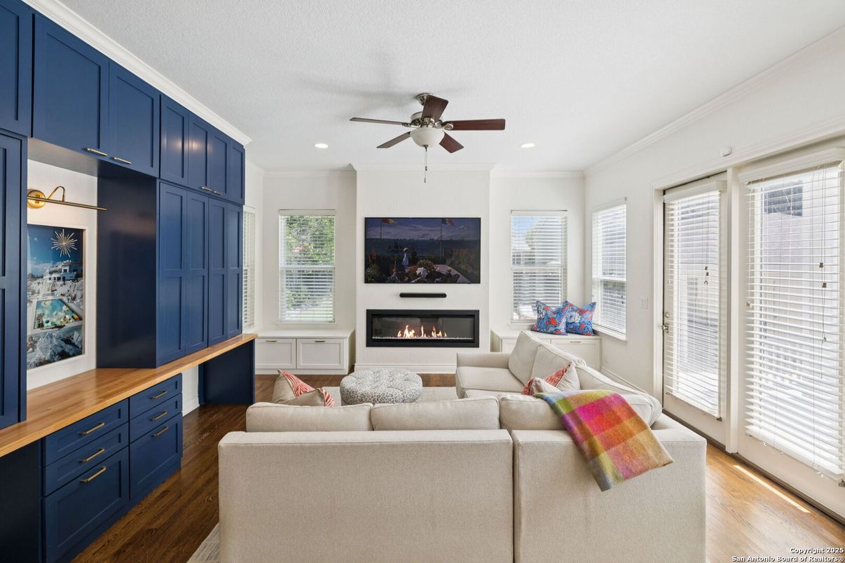 Fireplace, Interior, Living room, Recessed Lighting, Wood Texture Flooring