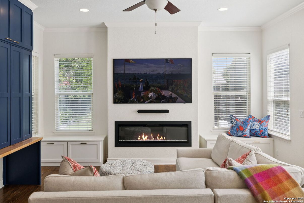 Fireplace, Interior, Living room, Recessed Lighting, Wood Texture Flooring
