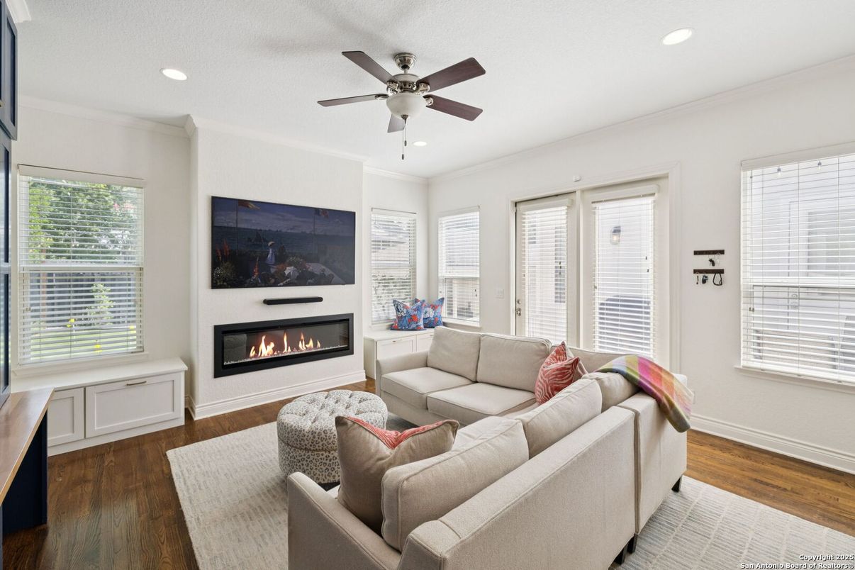 Fireplace, Interior, Living room, Recessed Lighting, Wood Texture Flooring
