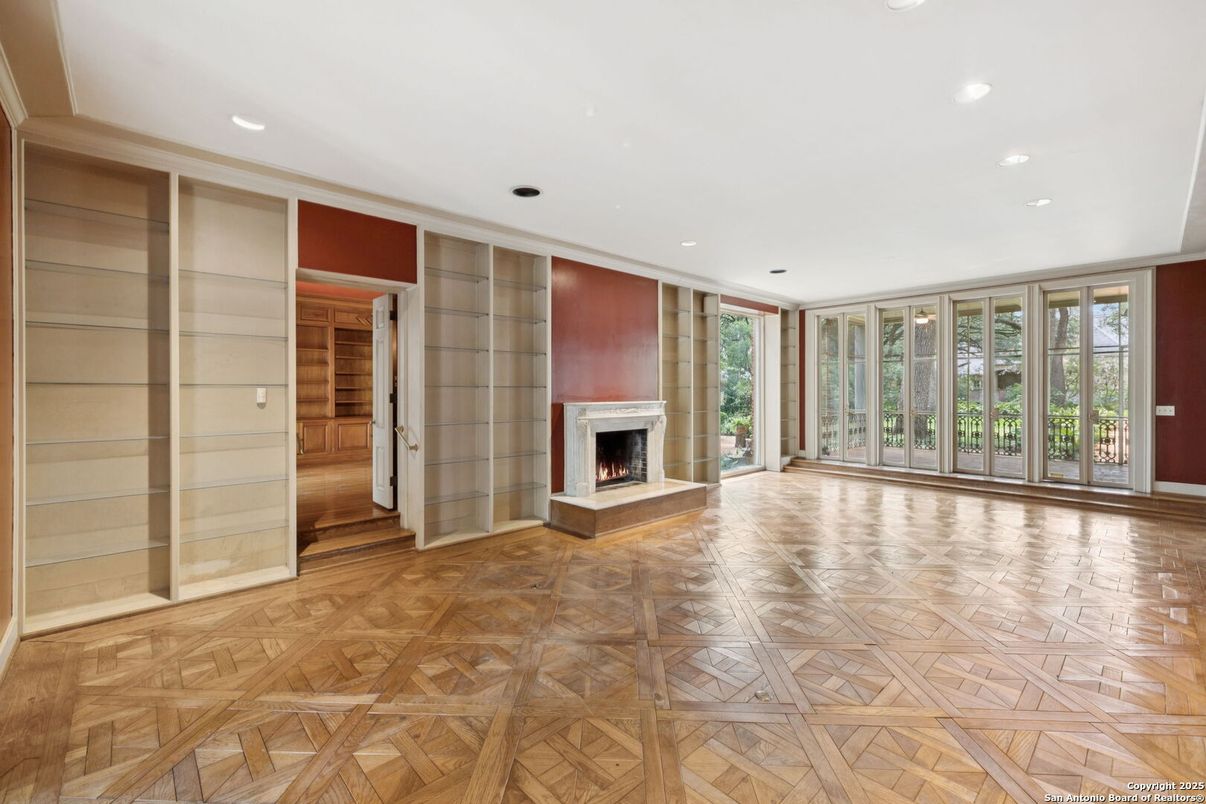 Empty room, Fireplace, Interior, Recessed Lighting, Wood Texture Flooring, Wooden Walls