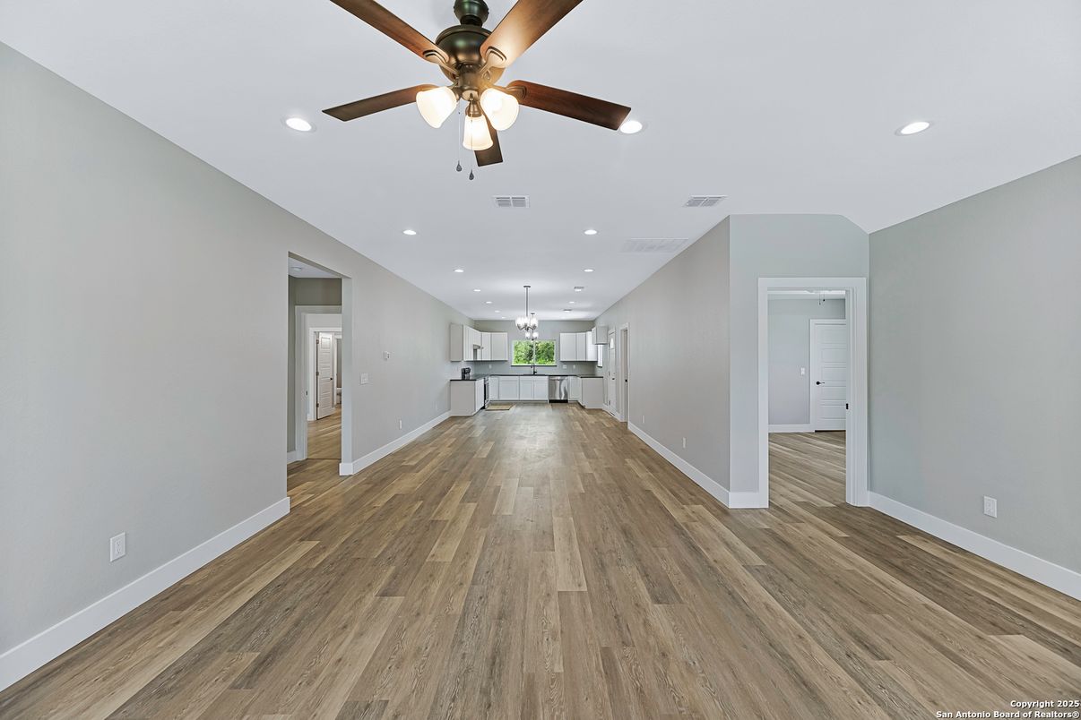 Empty room, Interior, Kitchen, Recessed Lighting, Wood Texture Flooring