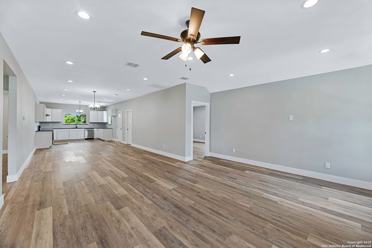 Empty room, Interior, Kitchen, Pendant Lights, Recessed Lighting, Wood Texture Flooring