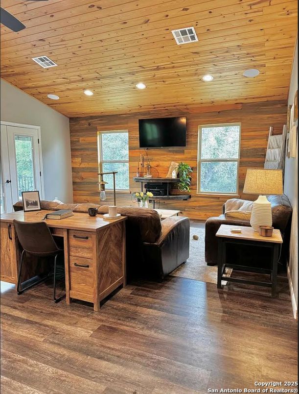 Home Office, Interior, Living room, Recessed Lighting, Wooden Ceilings, Wood Texture Flooring, Wooden Walls