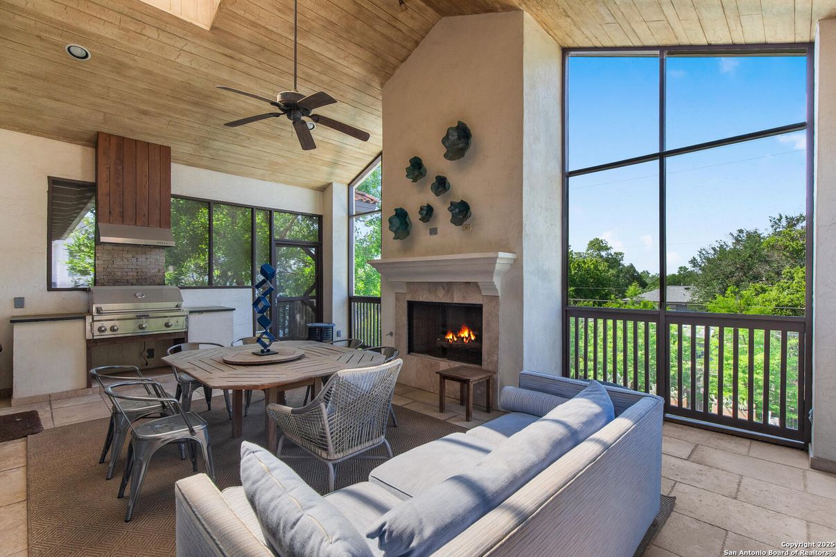 Dining room, Fireplace, Interior, Living room, Recessed Lighting, Sun Room, Wooden Ceilings