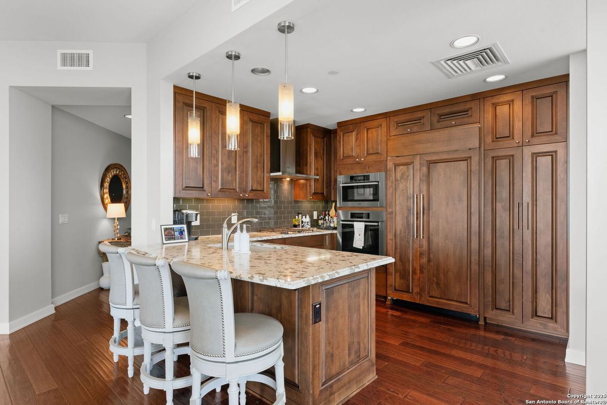 Interior, Kitchen, Pendant Lights, Recessed Lighting, Stainless Steel Appliances, Wood Texture Flooring