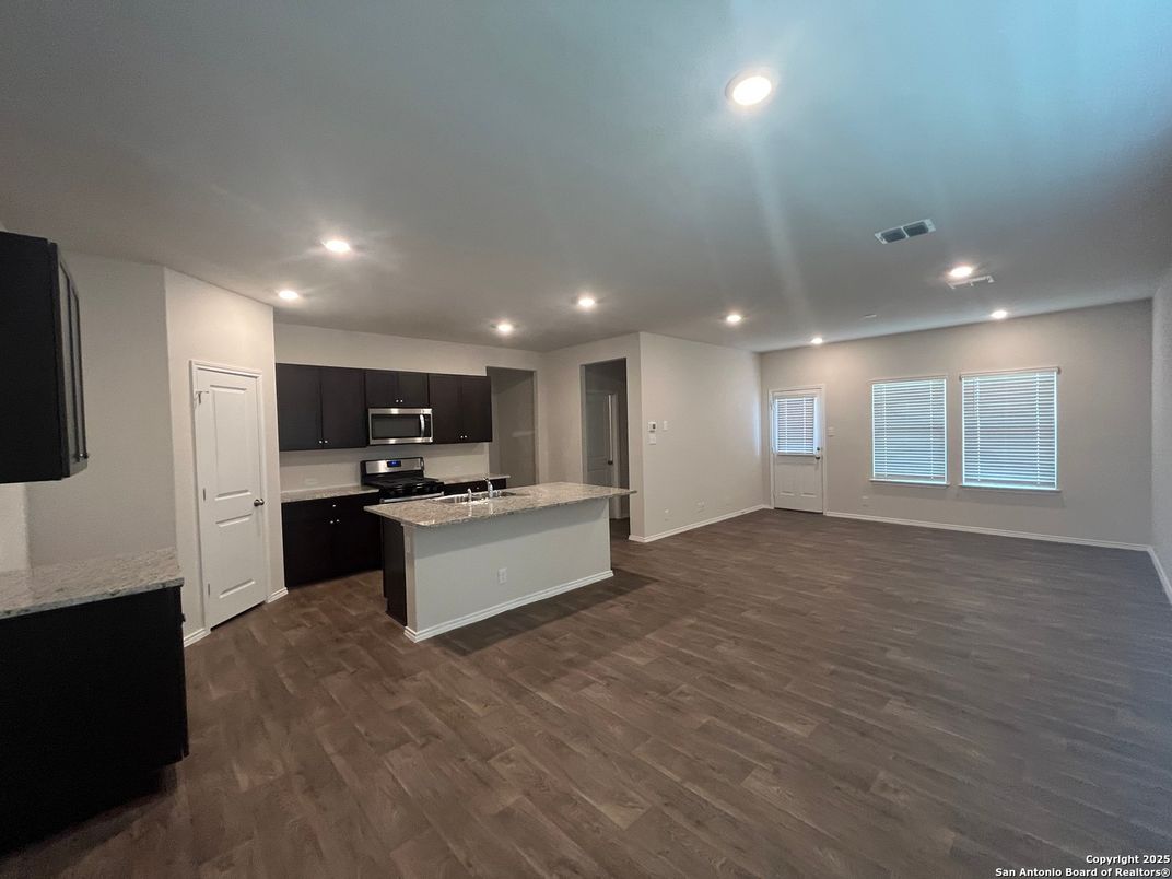 Empty room, Interior, Kitchen, Recessed Lighting, Wood Texture Flooring