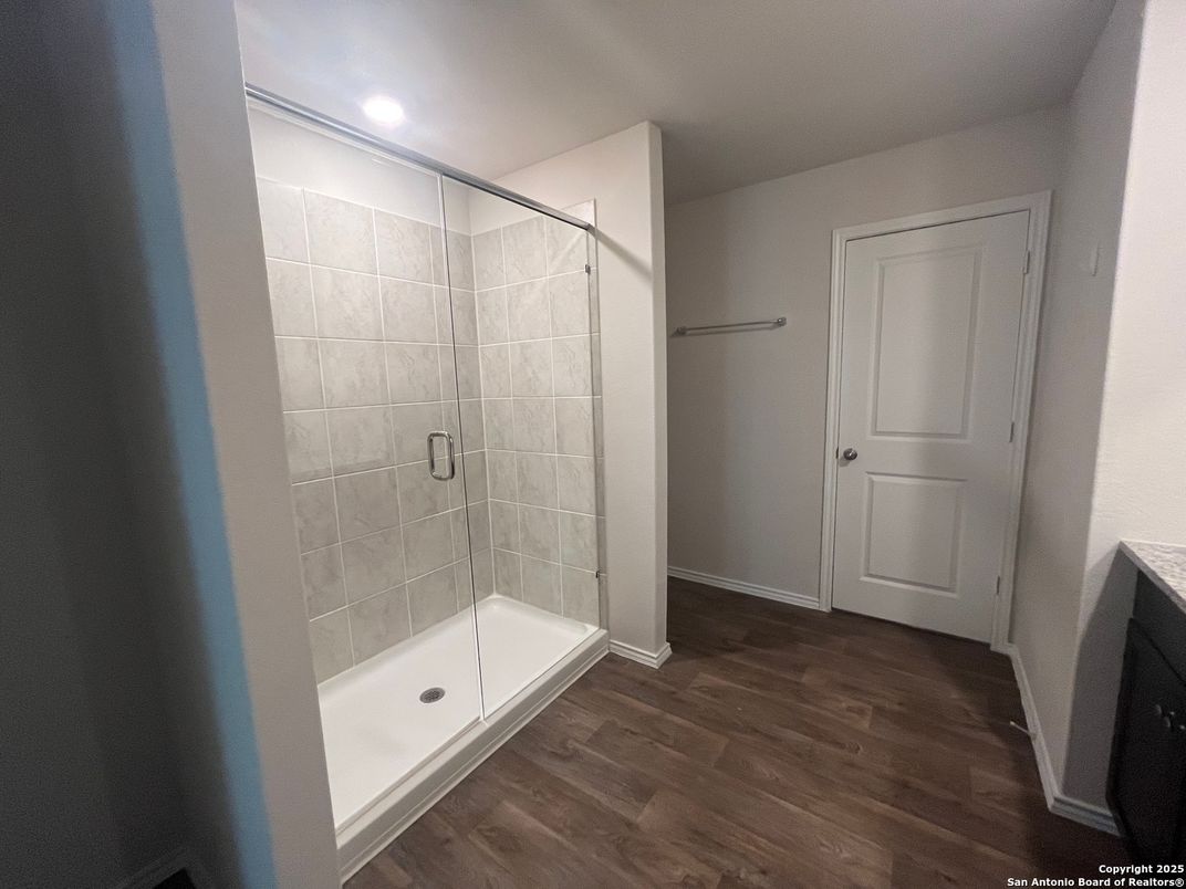 Bathroom, Glass Shower, Interior, Recessed Lighting, Wood Texture Flooring