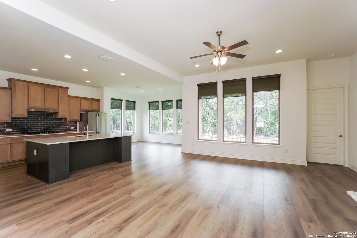 Empty room, Interior, Kitchen, Recessed Lighting, Wood Texture Flooring