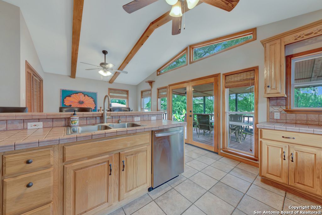 Interior, Kitchen, Tile Countertops, Wooden Beams