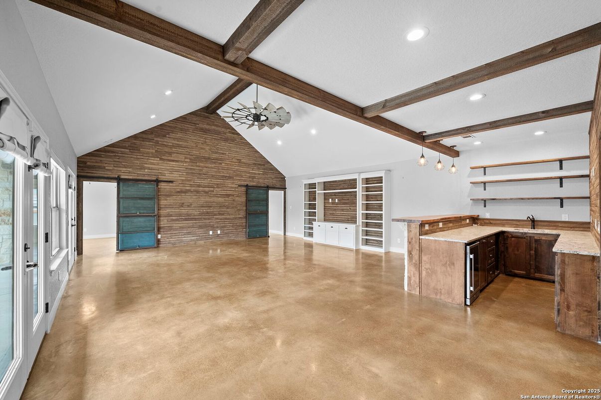 Empty room, Interior, Recessed Lighting, Stone Walls, Wooden Beams
