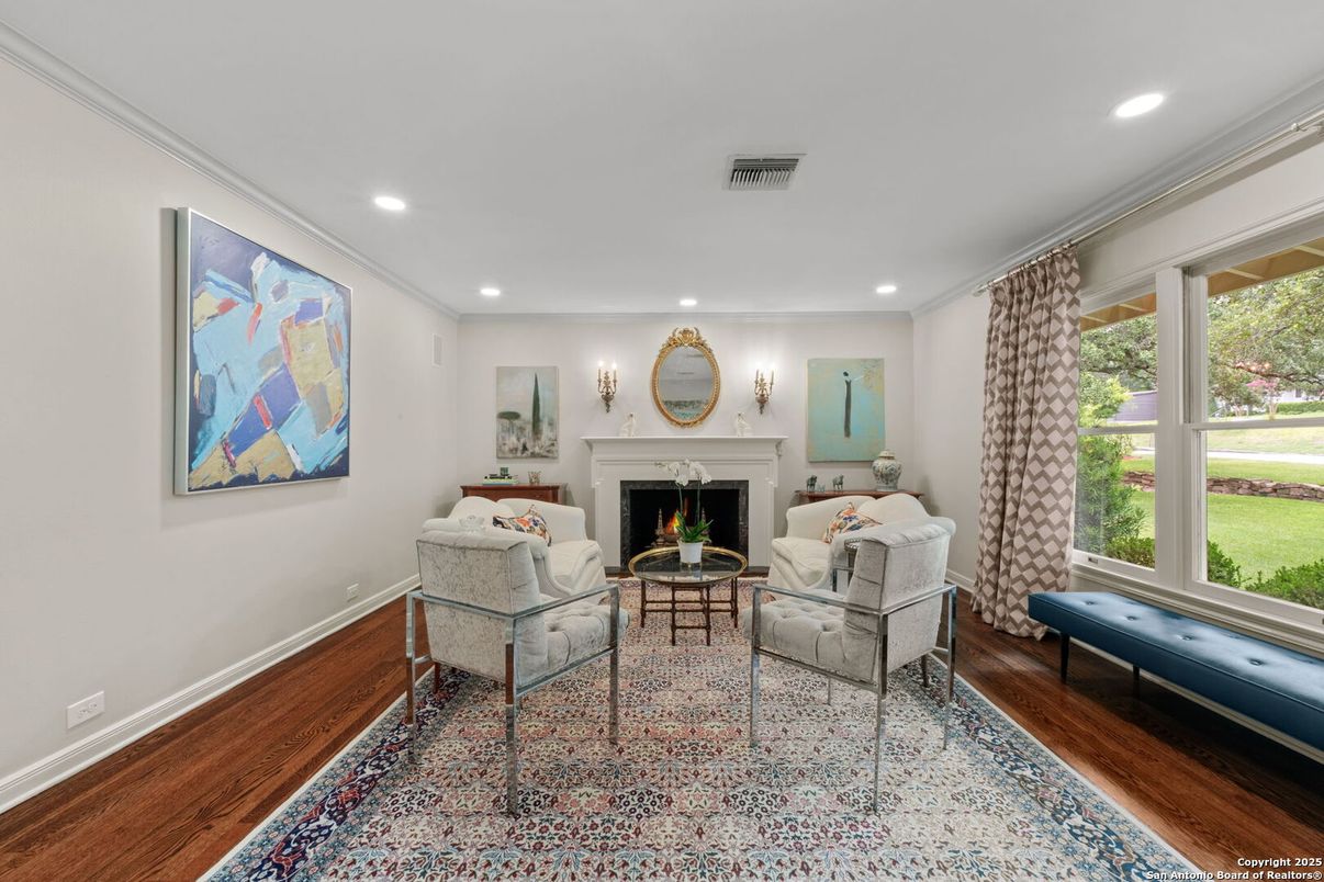 Fireplace, Interior, Living room, Recessed Lighting, Wood Texture Flooring