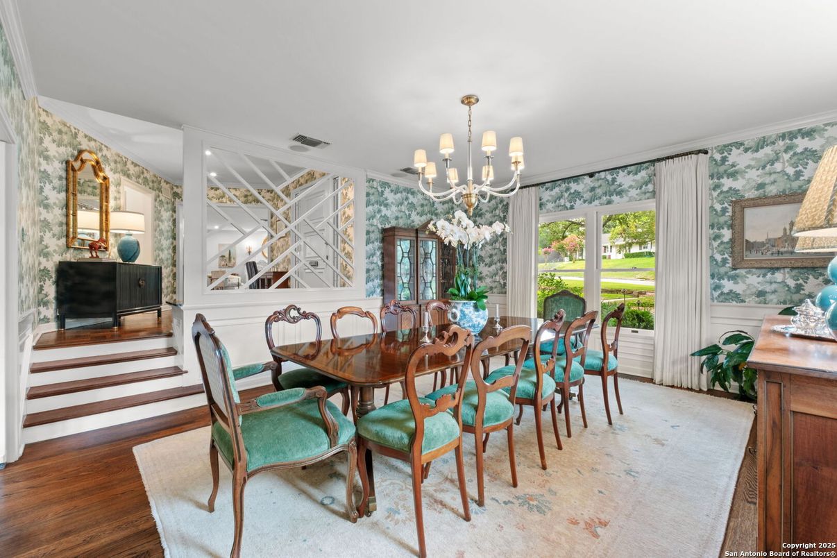 Chandelier, Dining room, Interior, Wood Texture Flooring
