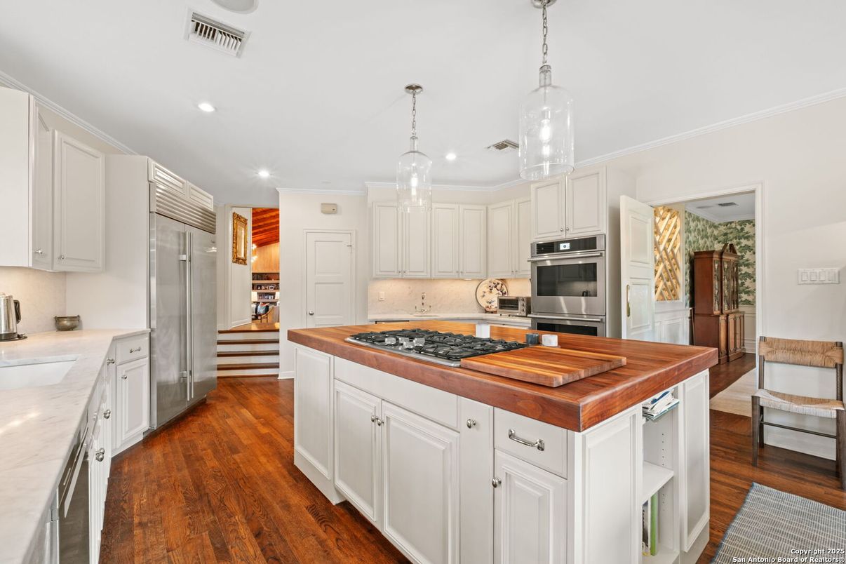 Interior, Kitchen, Pendant Lights, Recessed Lighting, Stainless Steel Appliances, Wood Texture Flooring