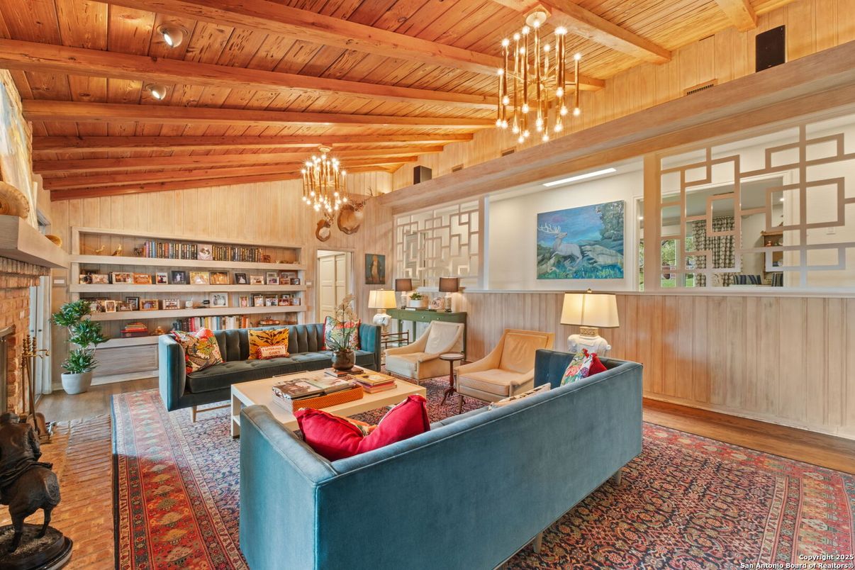 Chandelier, Fireplace, Interior, Living room, Wooden Beams, Wooden Ceilings, Wood Texture Flooring, Wooden Walls
