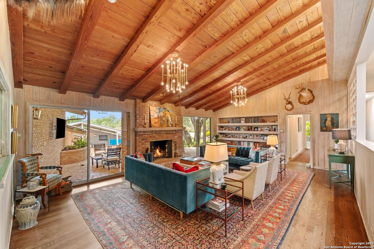 Chandelier, Fireplace, Interior, Living room, Stone Walls, Wooden Beams, Wooden Ceilings, Wood Texture Flooring, Wooden Walls