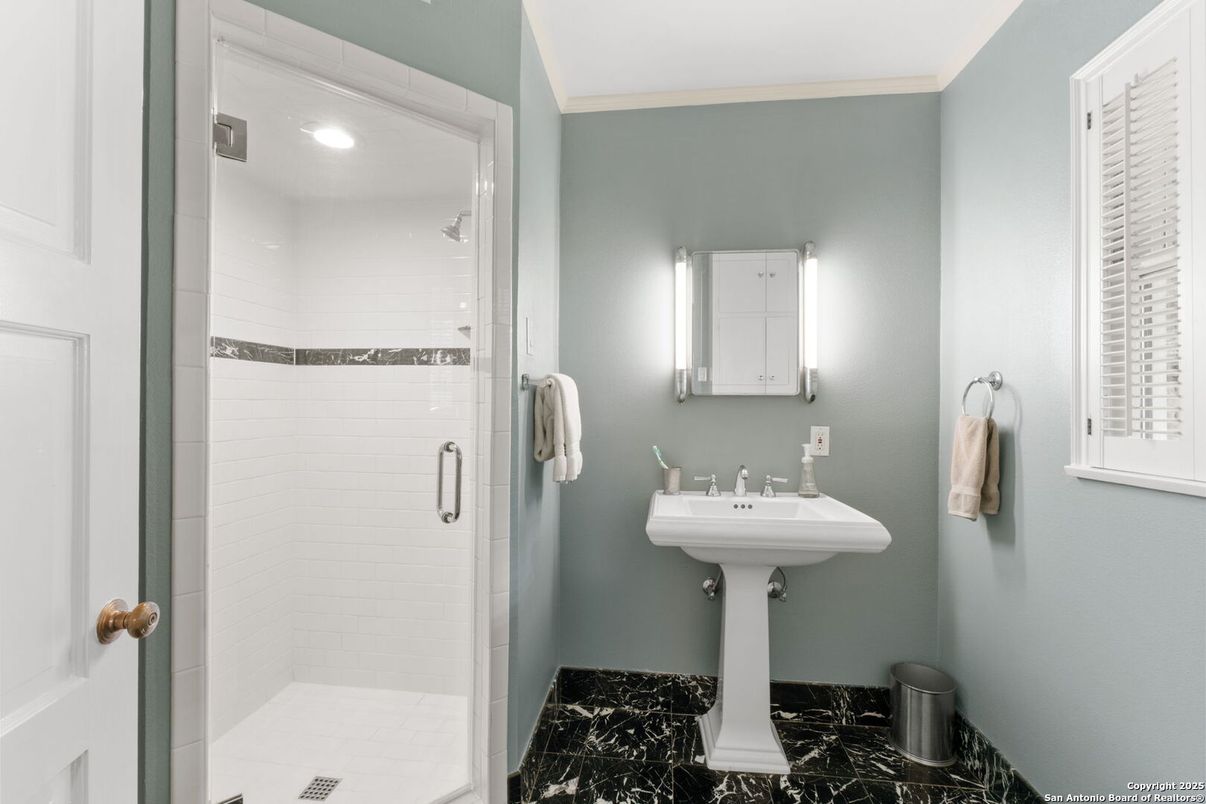 Bathroom, Glass Shower, Interior, Marble, Recessed Lighting