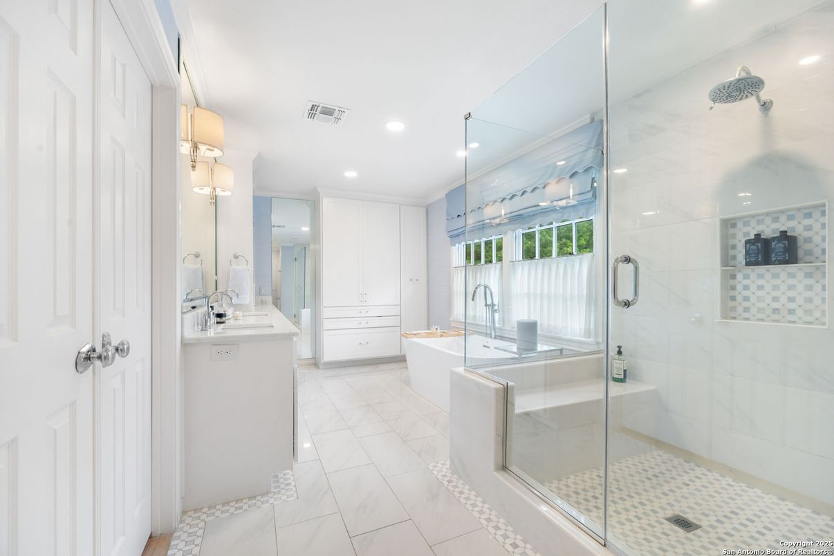 Bathroom, Dual Sink Vanities, Free Standing Baths, Glass Shower, Interior, Marble, Recessed Lighting