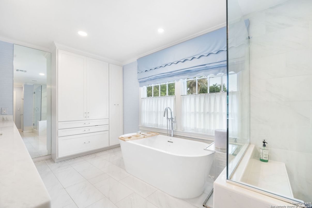 Bathroom, Free Standing Baths, Glass Shower, Interior, Marble, Marble Walls, Recessed Lighting
