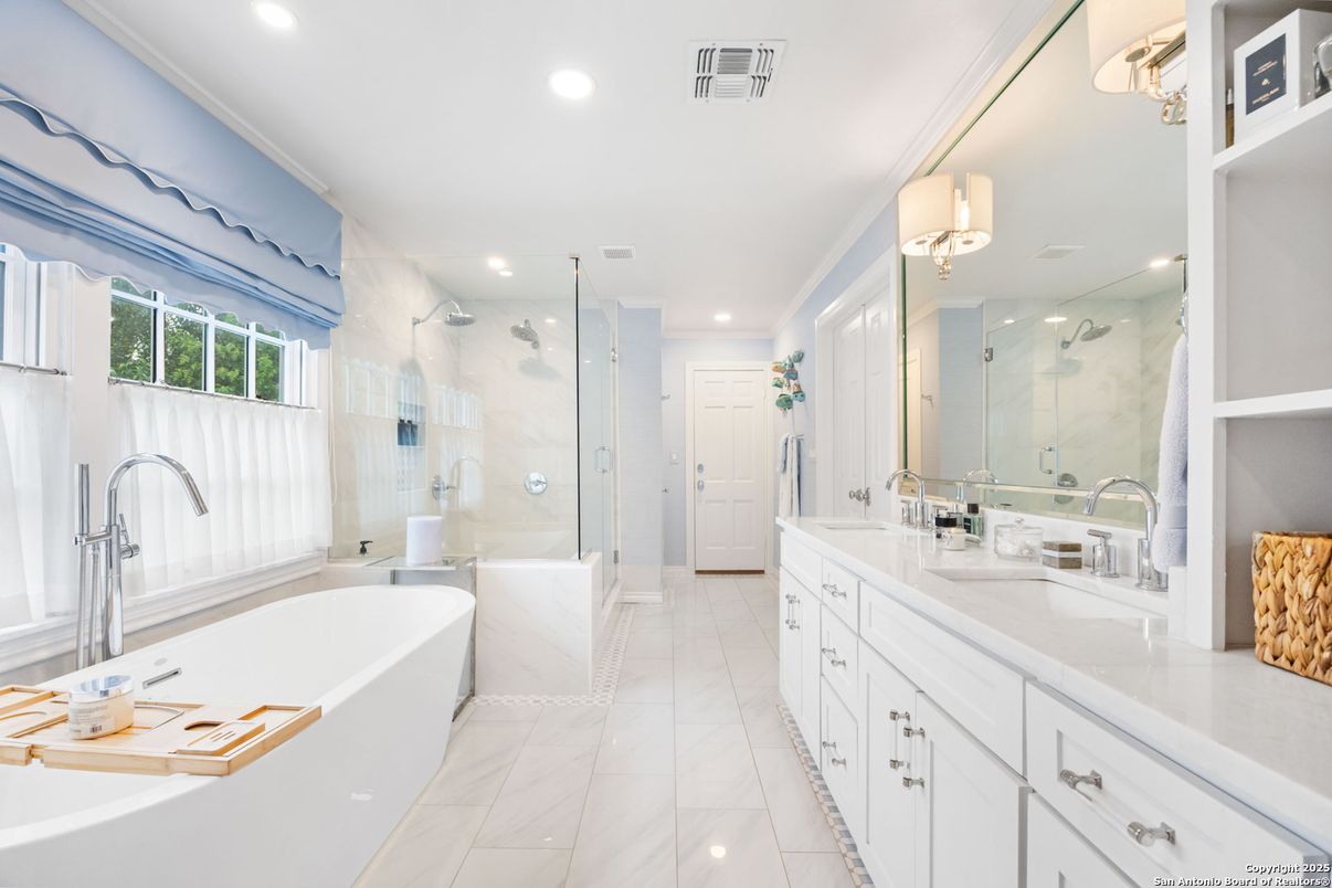 Bathroom, Dual Sink Vanities, Free Standing Baths, Glass Shower, Interior, Marble, Recessed Lighting