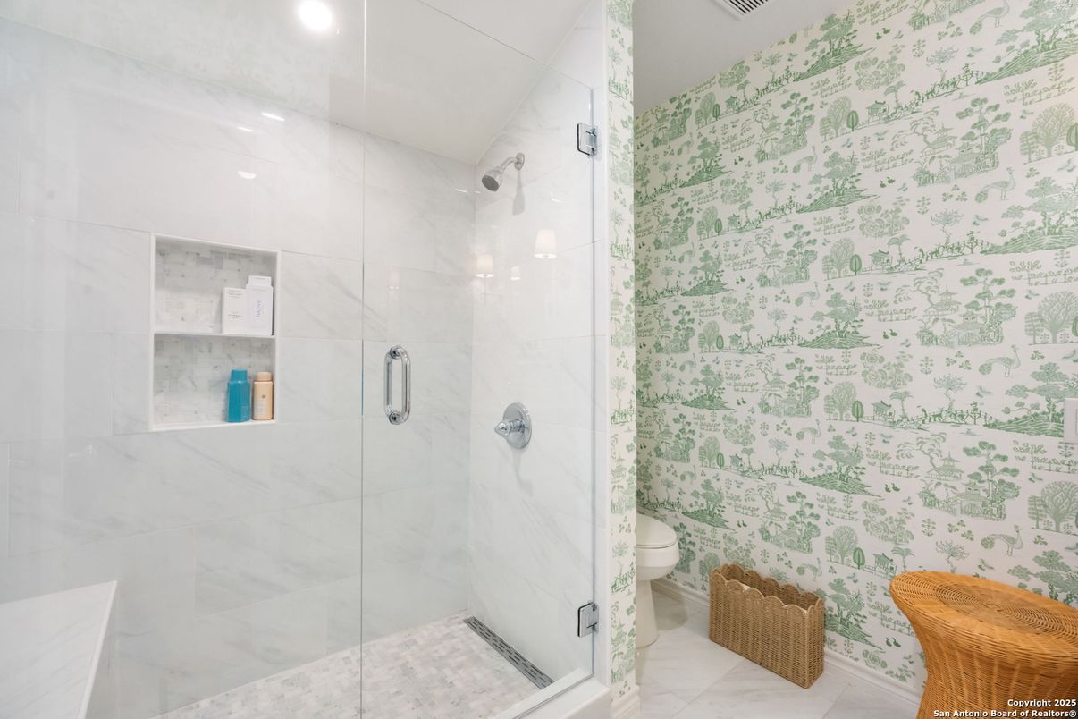 Bathroom, Glass Shower, Interior, Marble Walls, Recessed Lighting