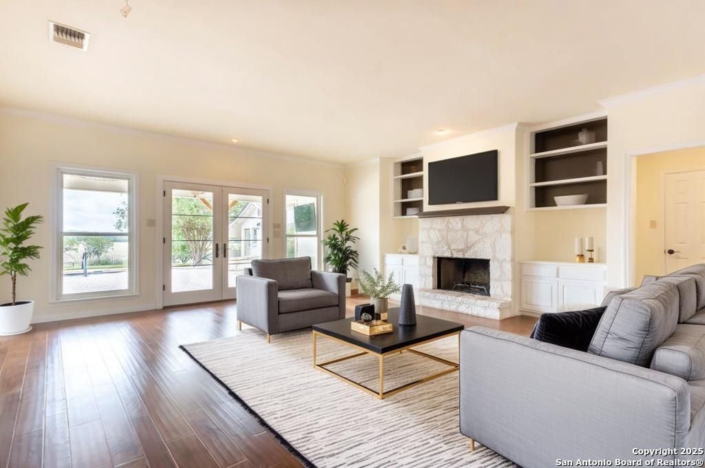 Fireplace, Interior, Living room, Recessed Lighting, Wood Texture Flooring