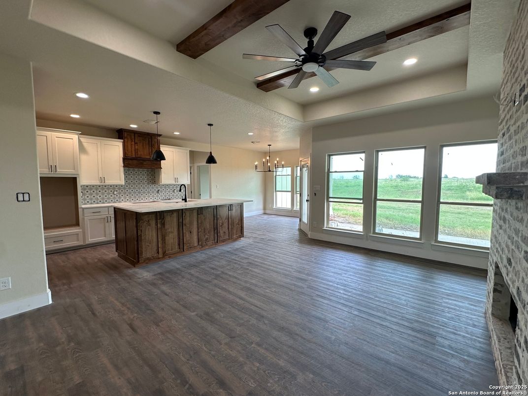 Interior, Kitchen, Pendant Lights, Recessed Lighting, Wooden Beams, Wood Texture Flooring