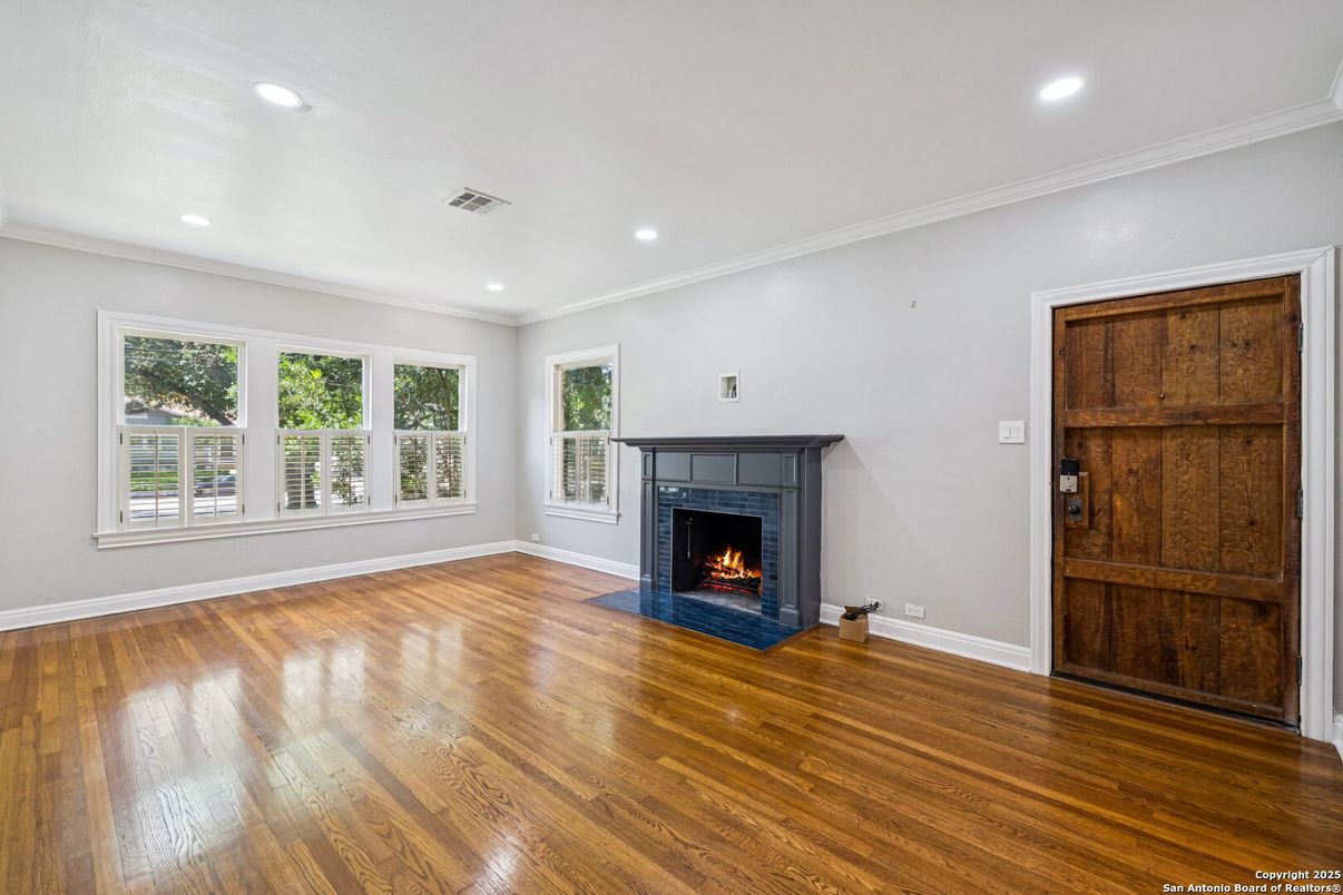 Empty room, Fireplace, Interior, Recessed Lighting, Wood Texture Flooring