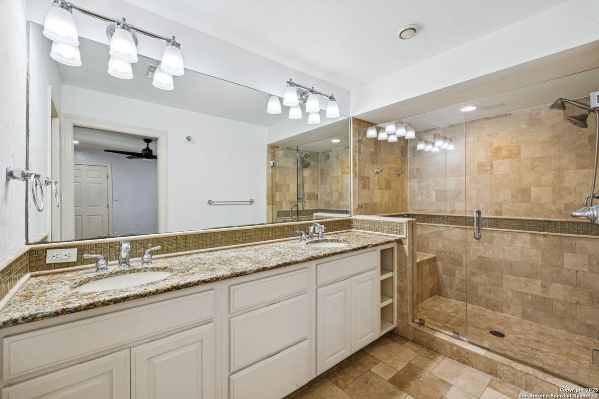 Bathroom, Dual Sink Vanities, Glass Shower, Interior, Recessed Lighting