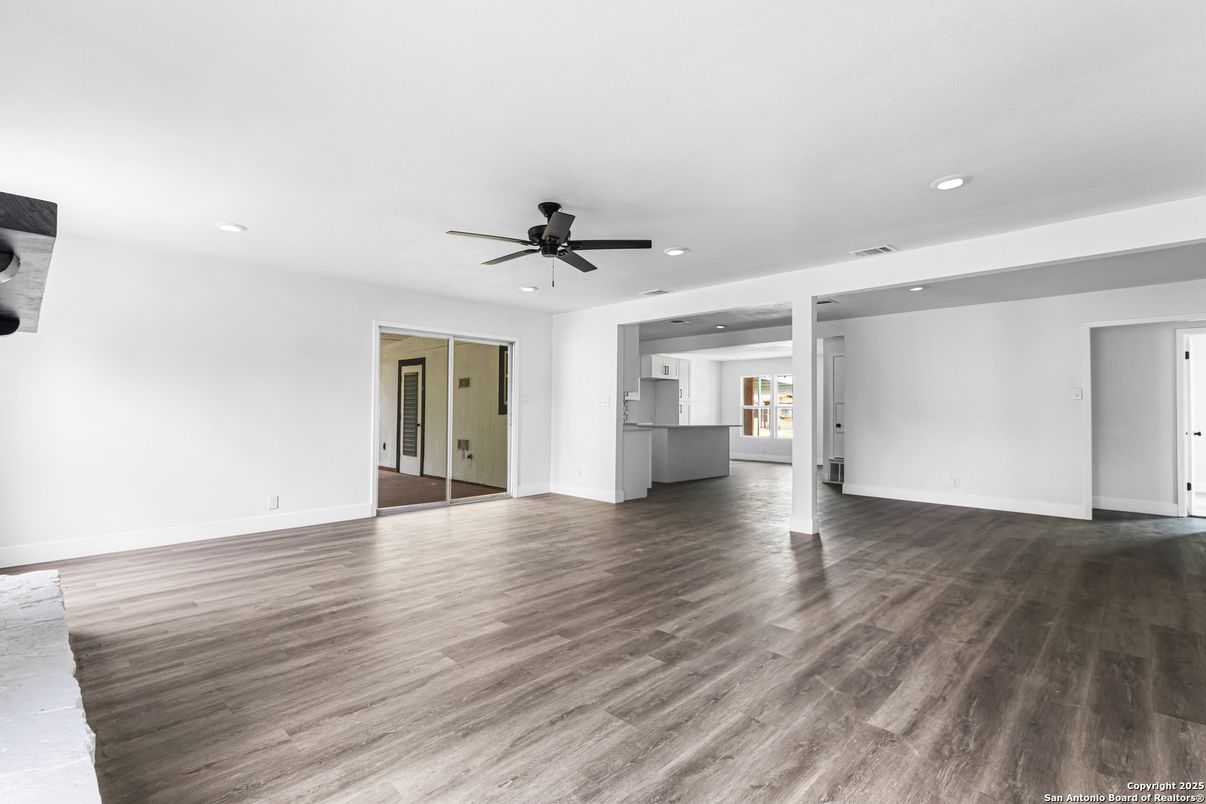 Empty room, Interior, Kitchen, Recessed Lighting, Wood Texture Flooring