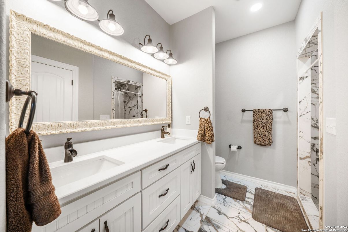 Bathroom, Dual Sink Vanities, Interior, Marble, Recessed Lighting