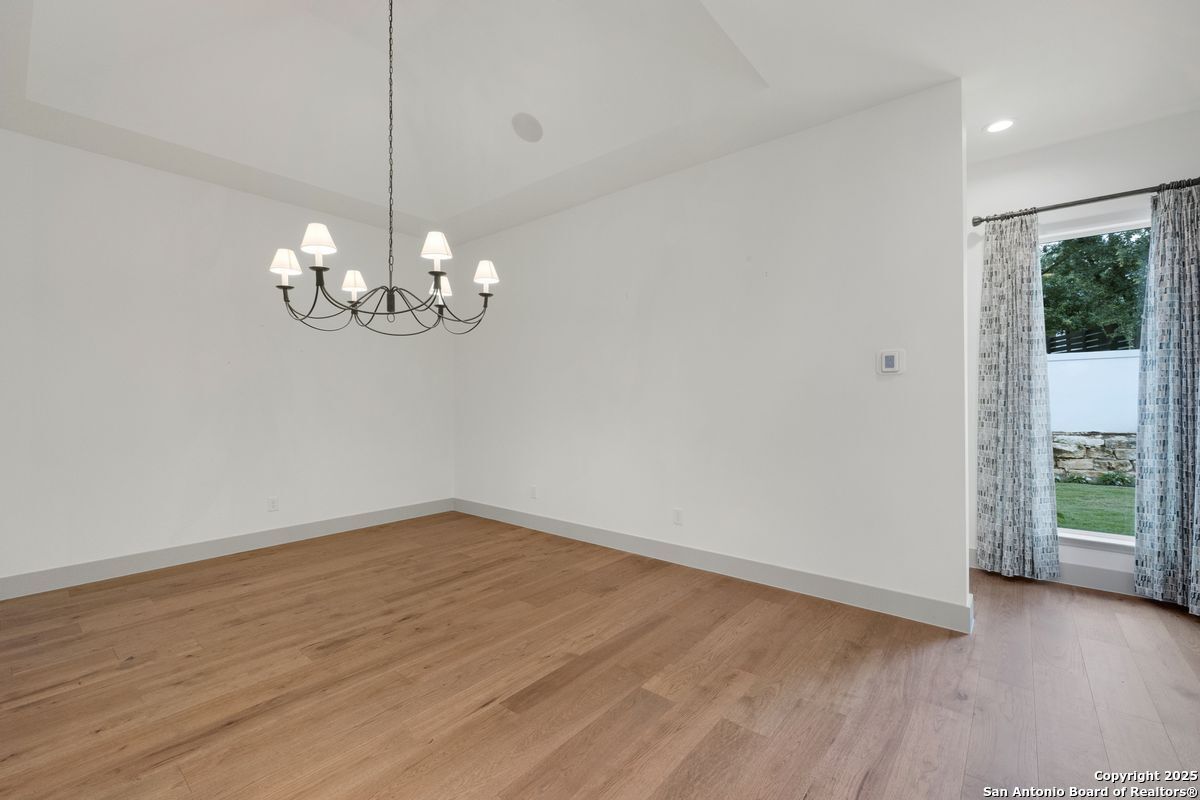 Chandelier, Empty room, Interior, Recessed Lighting, Wood Texture Flooring