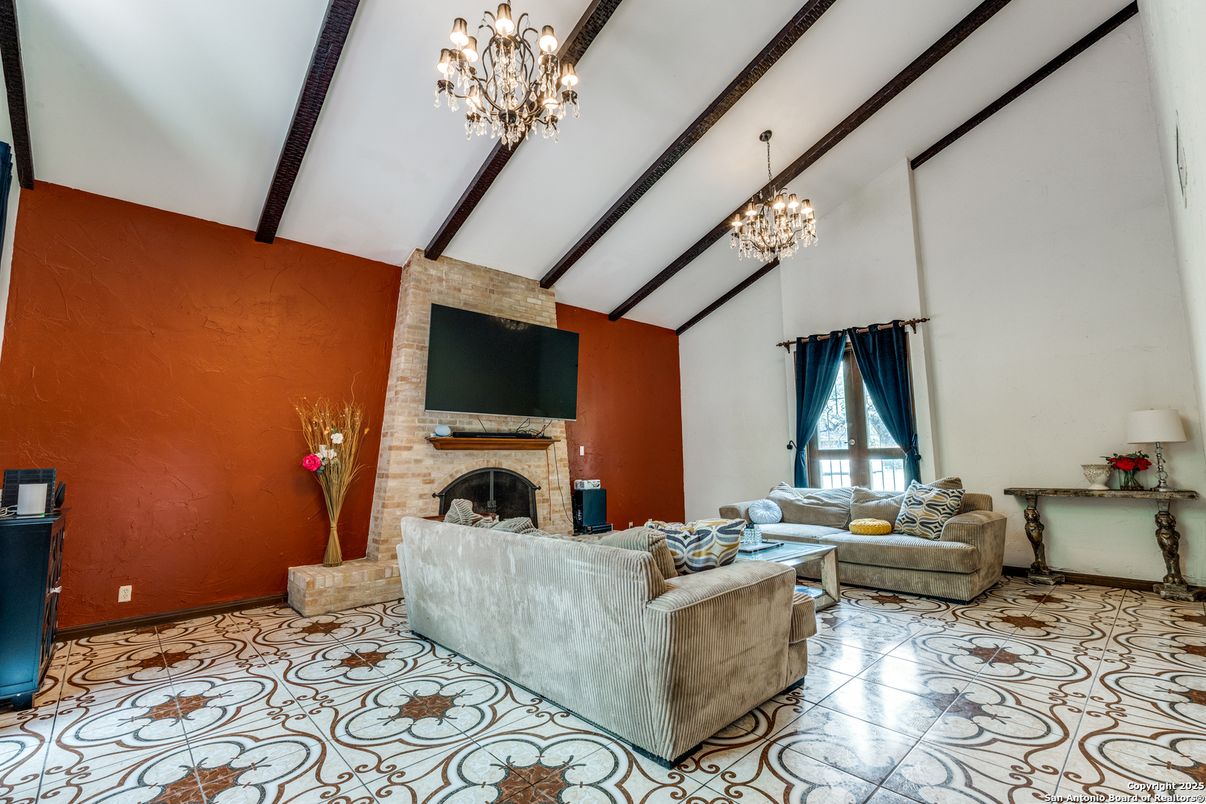 Chandelier, Fireplace, Interior, Living room, Wooden Beams