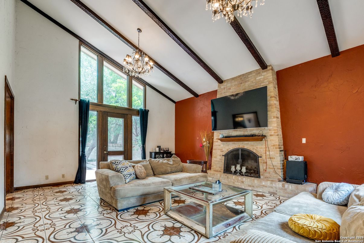 Chandelier, Fireplace, Interior, Living room, Wooden Beams