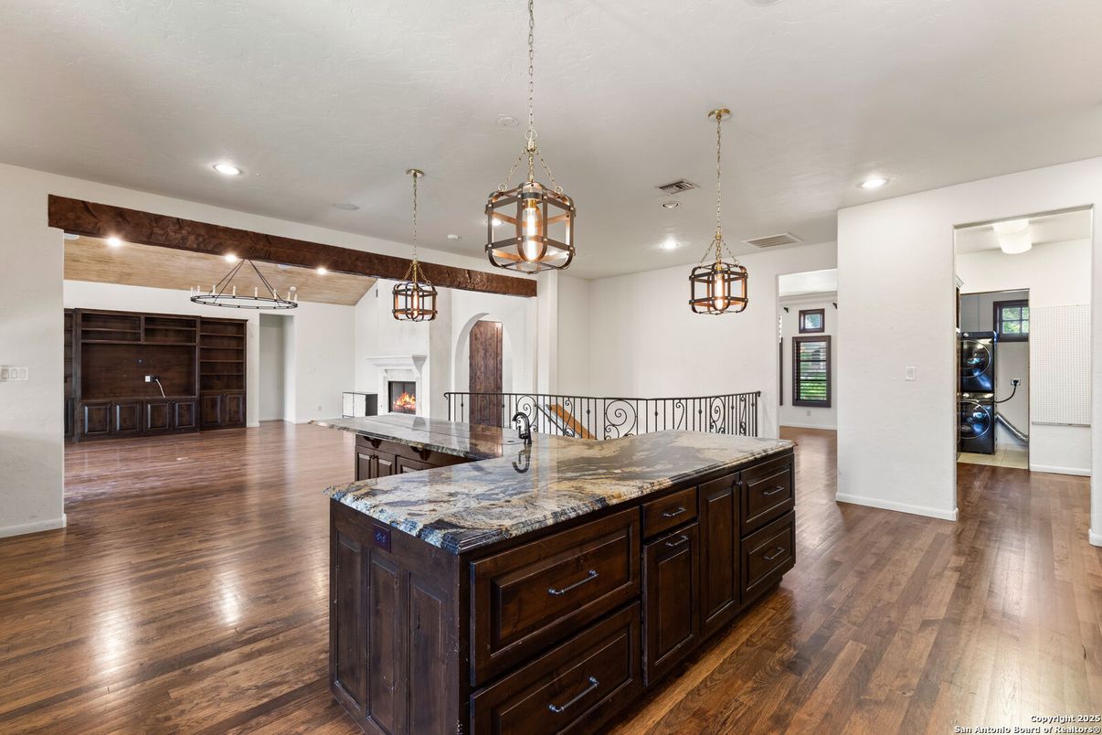 Fireplace, Interior, Pendant Lights, Recessed Lighting, Wood Texture Flooring