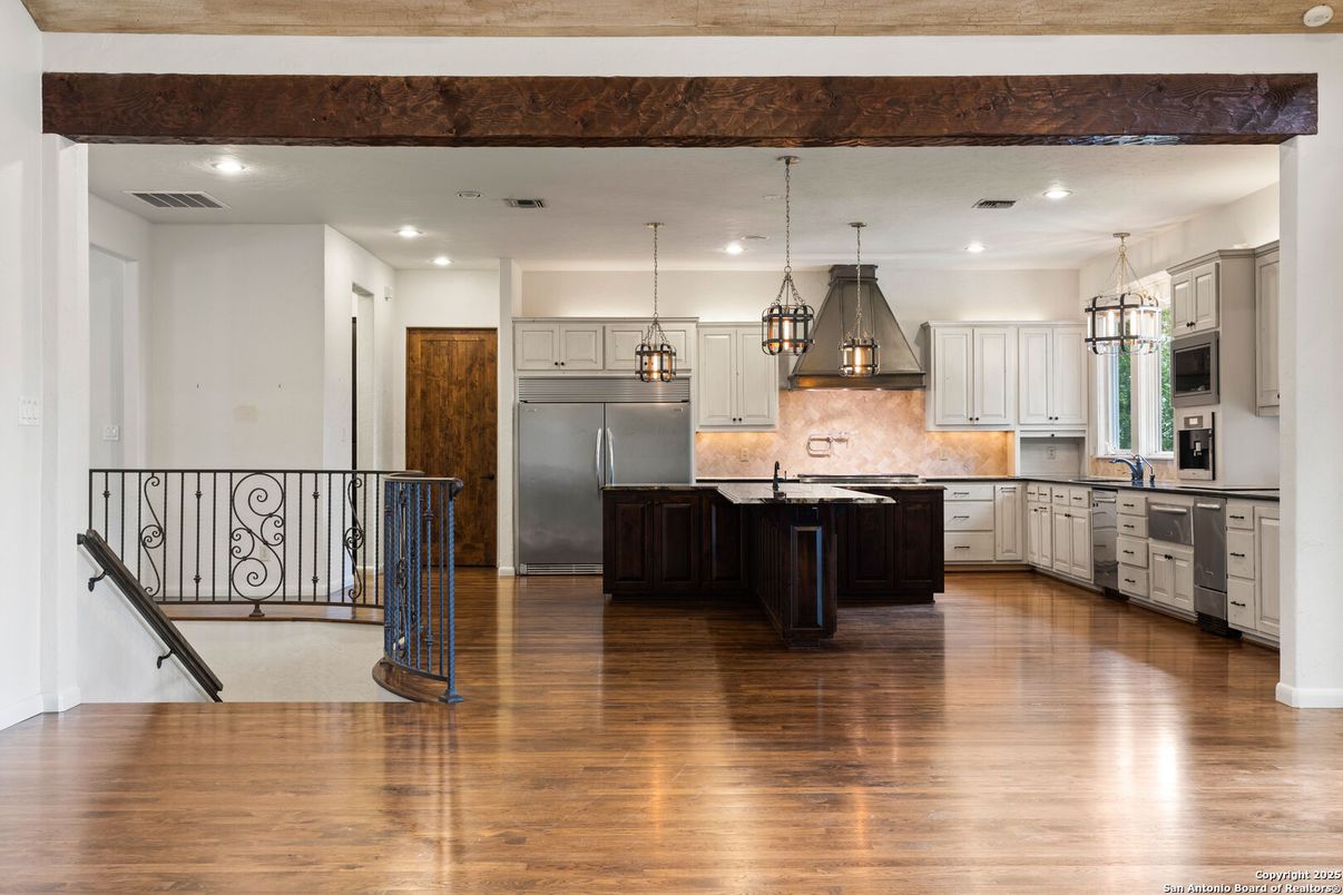 Interior, Kitchen, Pendant Lights, Recessed Lighting, Stainless Steel Appliances, Wood Texture Flooring
