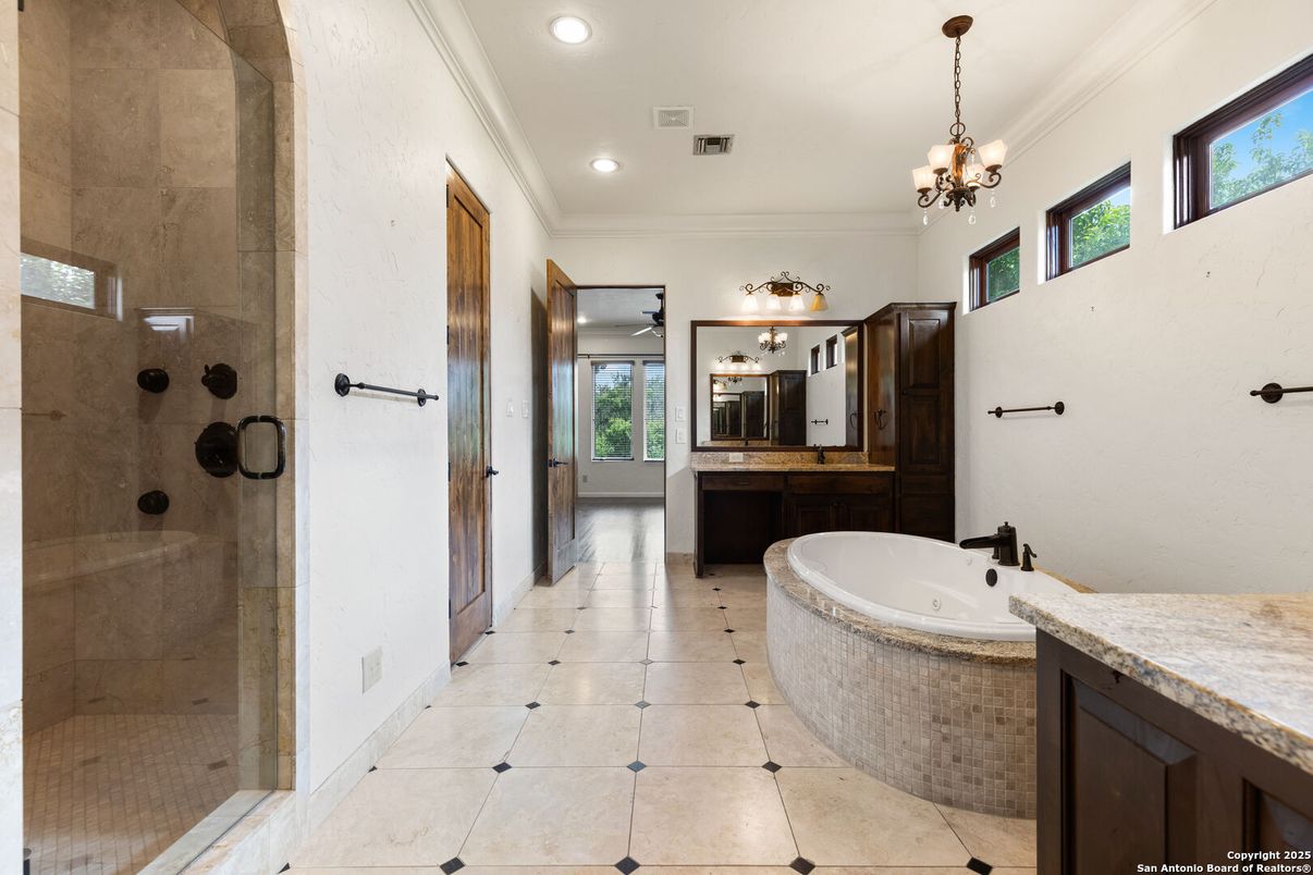 Bathroom, Chandelier, Glass Shower, Interior, Recessed Lighting
