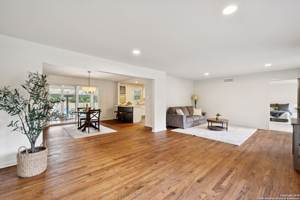Bedroom, Chandelier, Dining room, Interior, Living room, Pendant Lights, Recessed Lighting, Wood Texture Flooring