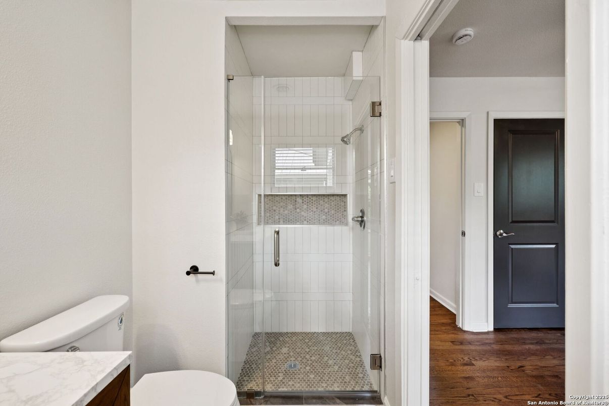 Bathroom, Glass Shower, Interior, Wood Texture Flooring