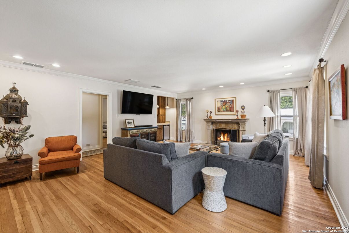 Fireplace, Interior, Living room, Recessed Lighting, Wood Texture Flooring