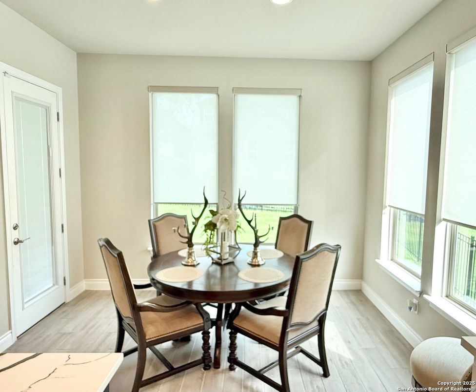 Dining room, Interior, Recessed Lighting, Wood Texture Flooring