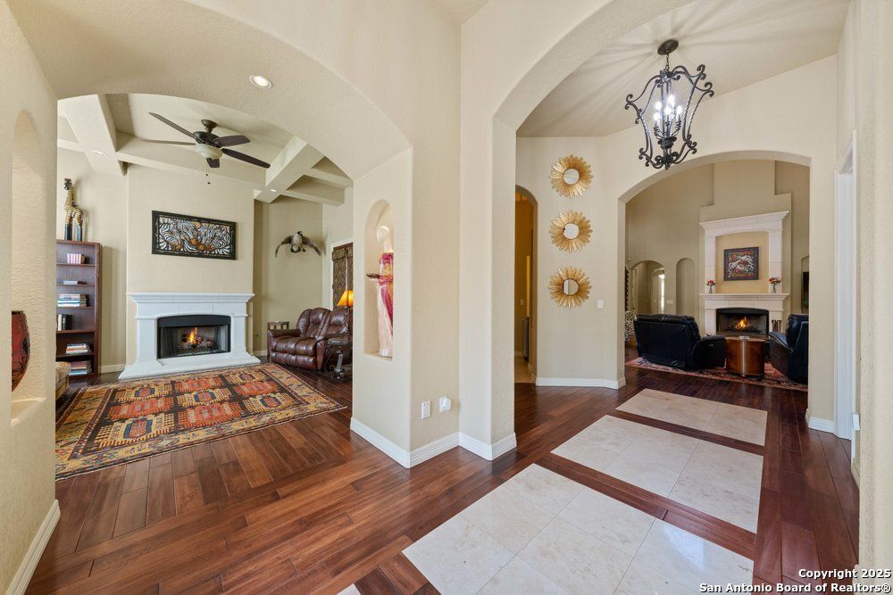 Fireplace, Interior, Pendant Lights, Recessed Lighting, Wood Texture Flooring