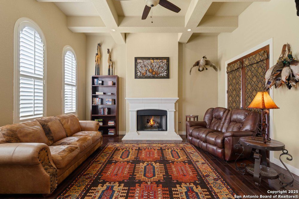 Fireplace, Interior, Living room, Recessed Lighting, Wood Texture Flooring