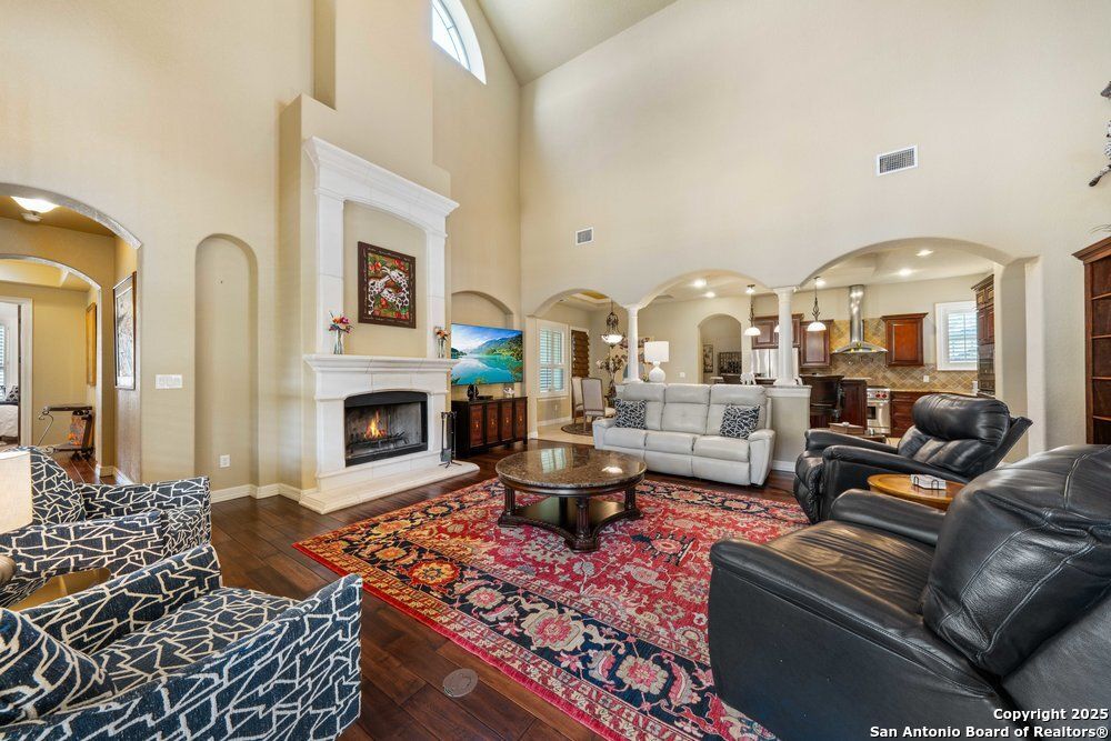 Fireplace, Interior, Kitchen, Living room, Recessed Lighting, Wood Texture Flooring