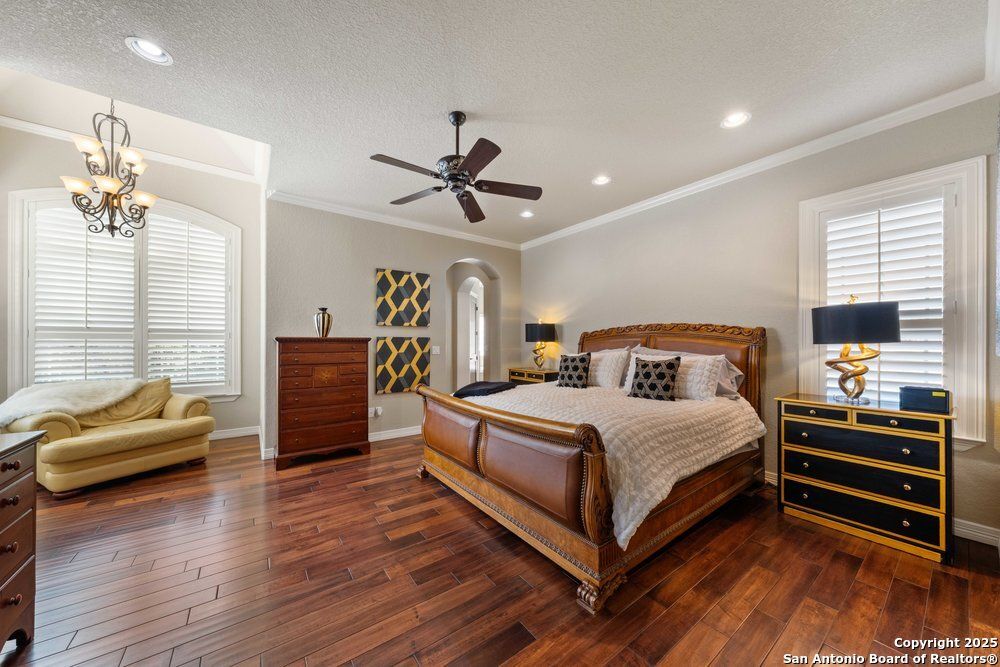Bedroom, Chandelier, Interior, Recessed Lighting, Wood Texture Flooring